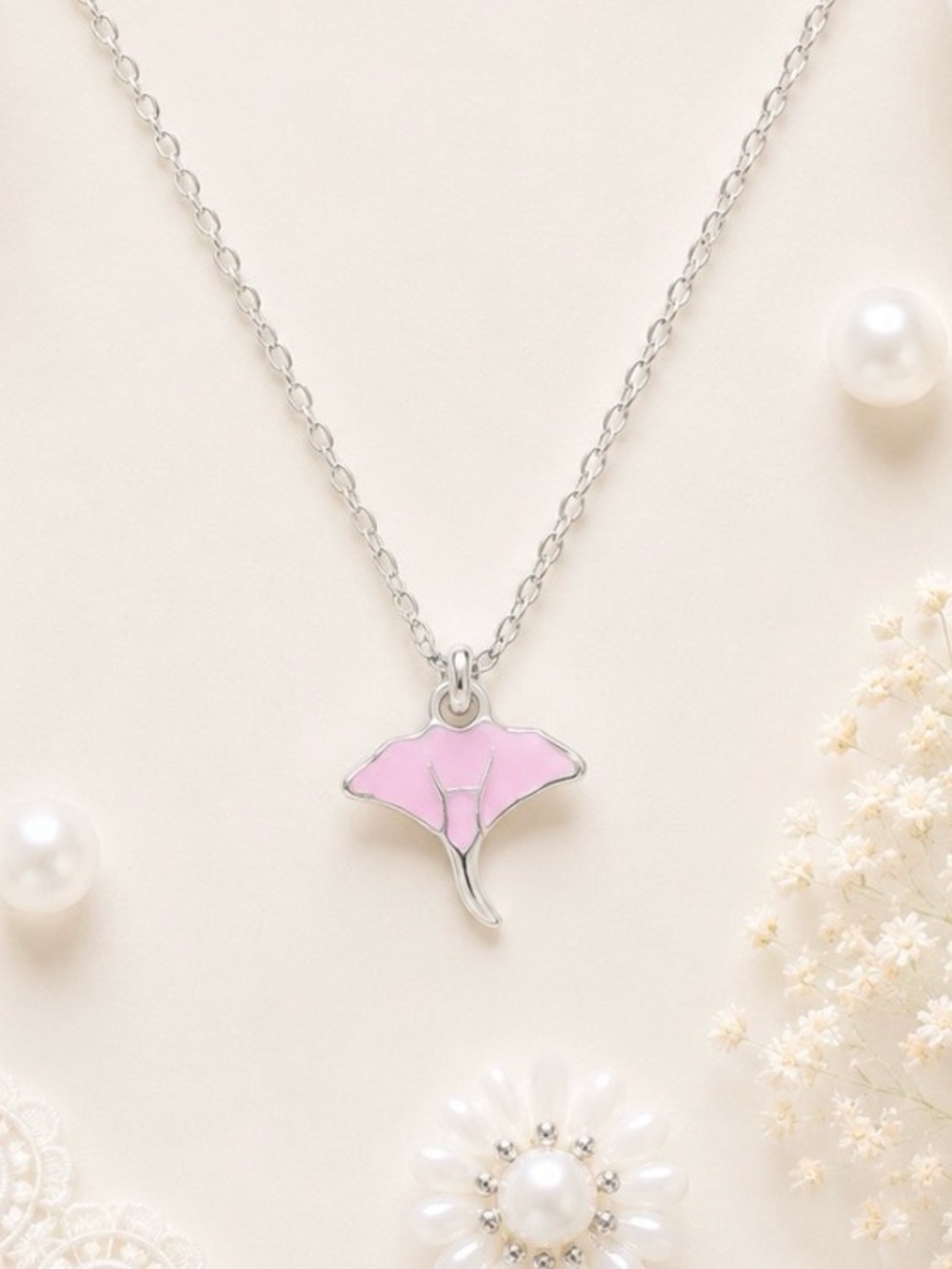 Silver Chain Necklace with Pink Manta Ray Pendant